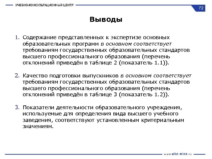 72 Выводы 1. Содержание представленных к экспертизе основных образовательных программ в основном соответствует требованиям