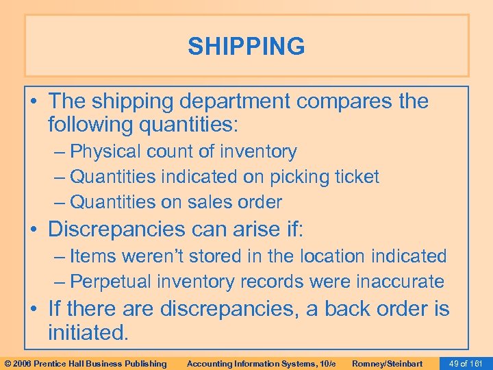 SHIPPING • The shipping department compares the following quantities: – Physical count of inventory