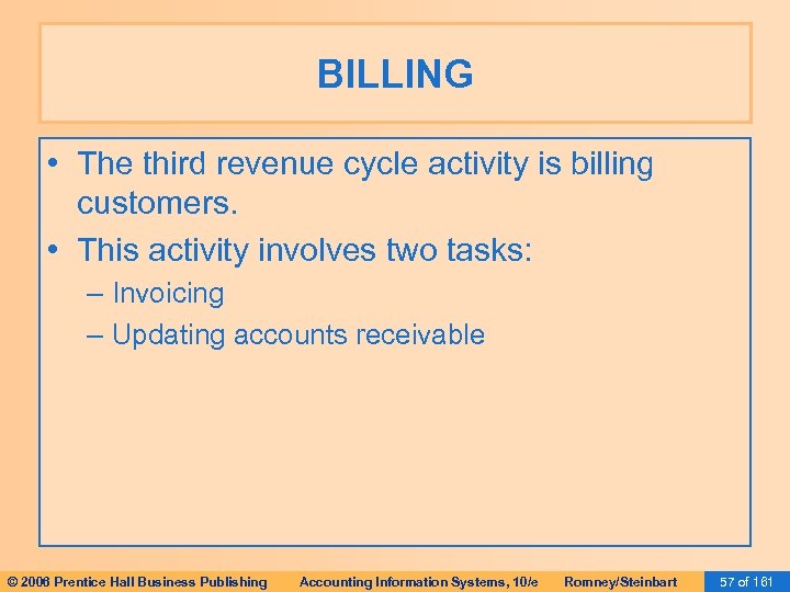 BILLING • The third revenue cycle activity is billing customers. • This activity involves