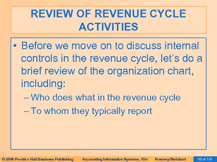 REVIEW OF REVENUE CYCLE ACTIVITIES • Before we move on to discuss internal controls