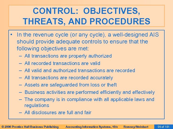 CONTROL: OBJECTIVES, THREATS, AND PROCEDURES • In the revenue cycle (or any cycle), a