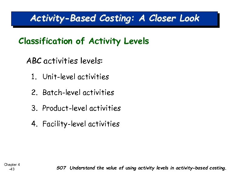 Activity-Based Costing: A Closer Look Classification of Activity Levels ABC activities levels: 1. Unit-level