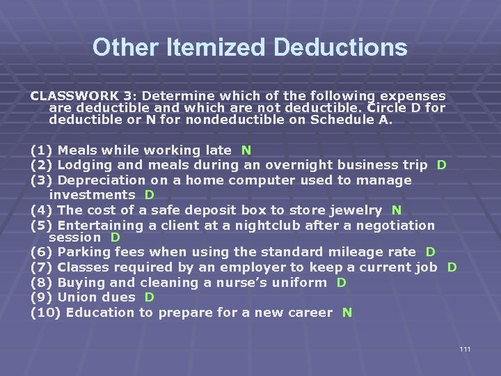 Other Itemized Deductions CLASSWORK 3: Determine which of the following expenses are deductible and