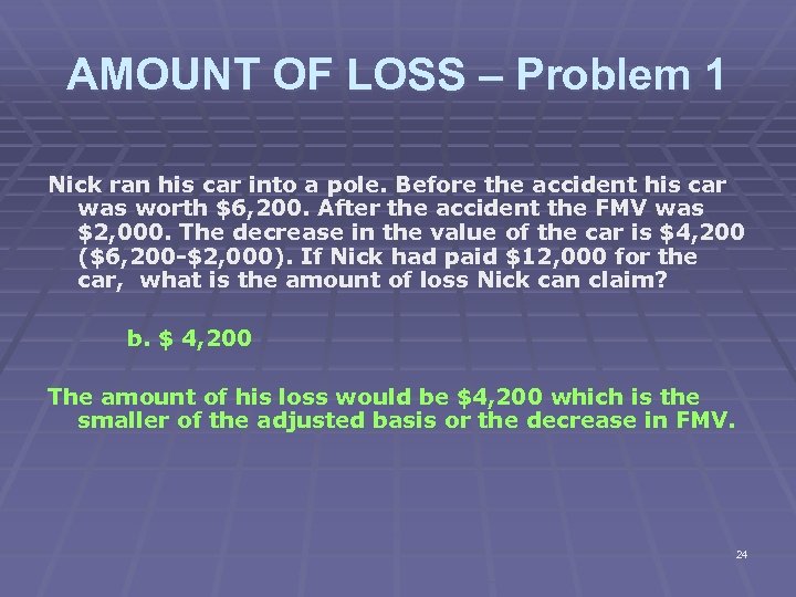 AMOUNT OF LOSS – Problem 1 Nick ran his car into a pole. Before