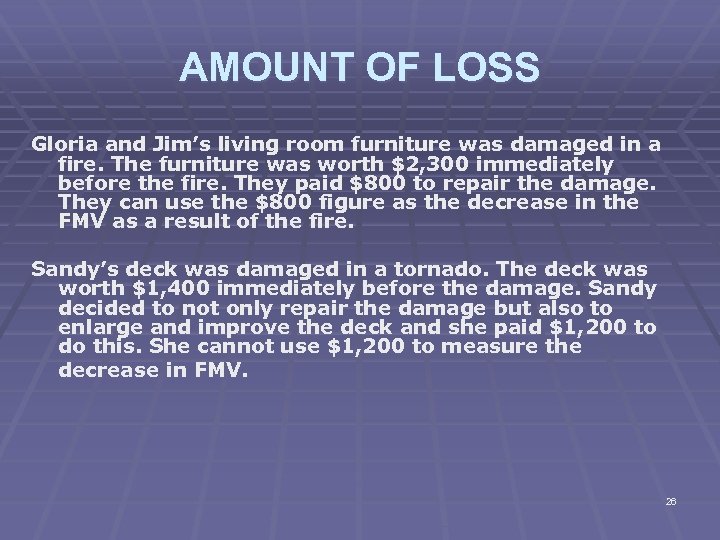 AMOUNT OF LOSS Gloria and Jim’s living room furniture was damaged in a fire.