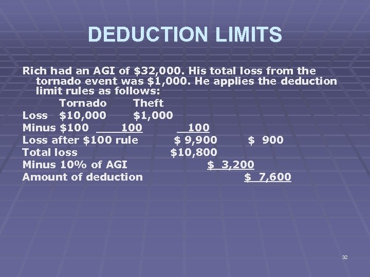 DEDUCTION LIMITS Rich had an AGI of $32, 000. His total loss from the