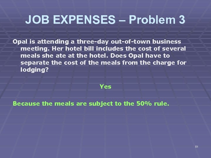 JOB EXPENSES – Problem 3 Opal is attending a three-day out-of-town business meeting. Her