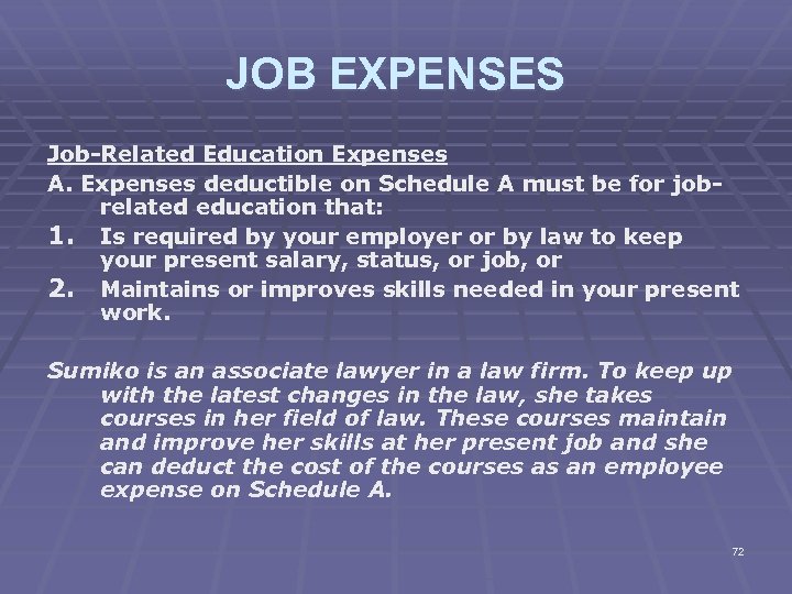 JOB EXPENSES Job-Related Education Expenses A. Expenses deductible on Schedule A must be for