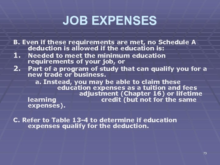 JOB EXPENSES B. Even if these requirements are met, no Schedule A deduction is