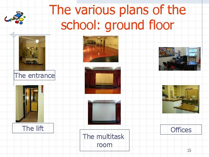 The various plans of the school: ground floor The entrance The lift The multitask