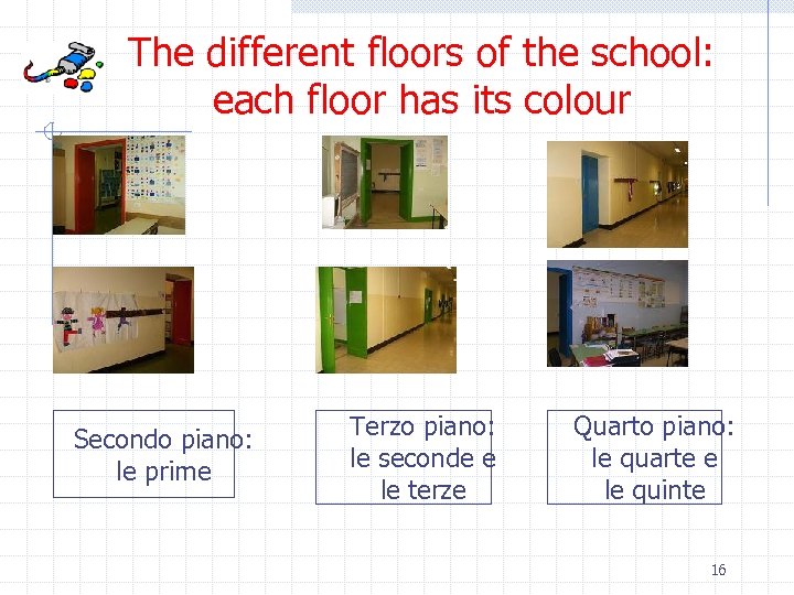 The different floors of the school: each floor has its colour Secondo piano: le