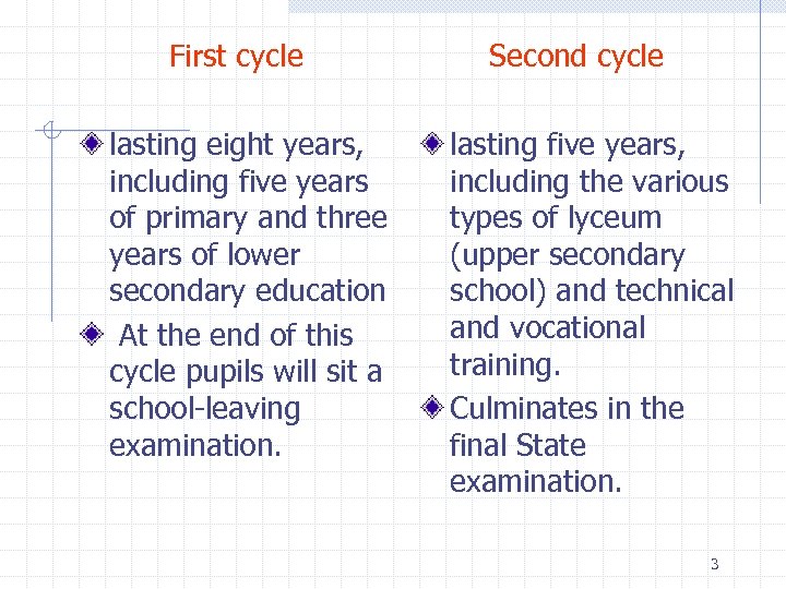 First cycle lasting eight years, including five years of primary and three years of