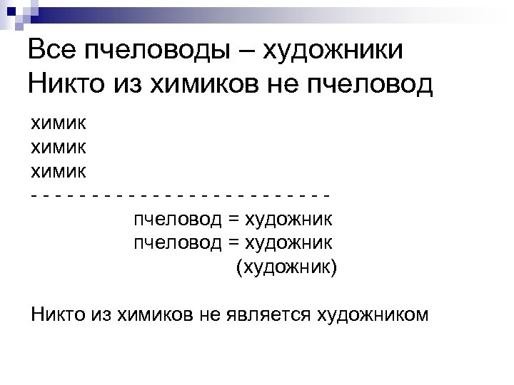 Все пчеловоды – художники Никто из химиков не пчеловод химик ------------пчеловод = художник (художник)