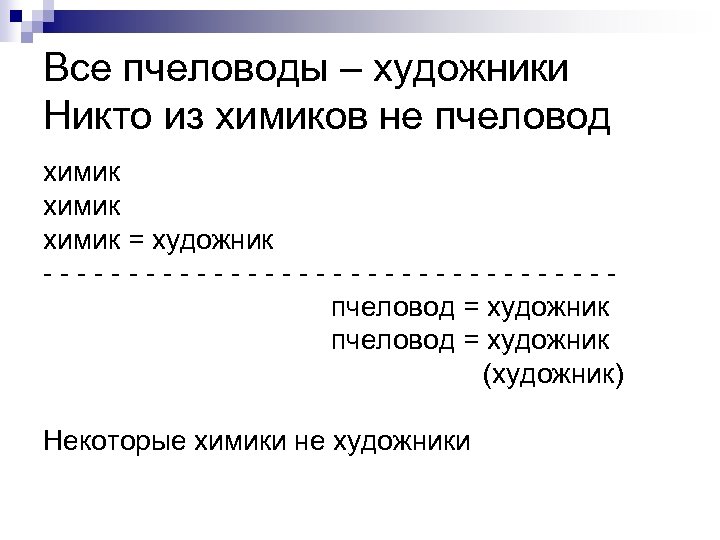 Все пчеловоды – художники Никто из химиков не пчеловод химик = художник -----------------пчеловод =