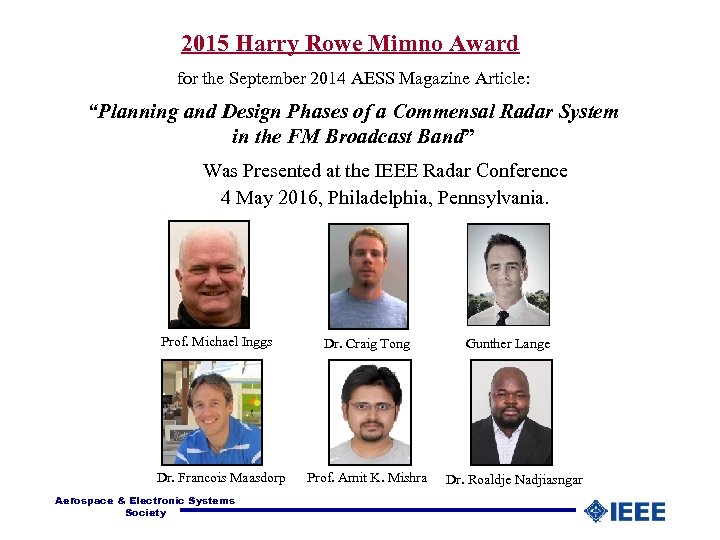 2015 Harry Rowe Mimno Award for the September 2014 AESS Magazine Article: “Planning and