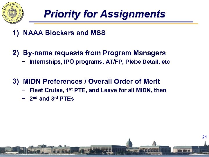 Priority for Assignments 1) NAAA Blockers and MSS 2) By-name requests from Program Managers