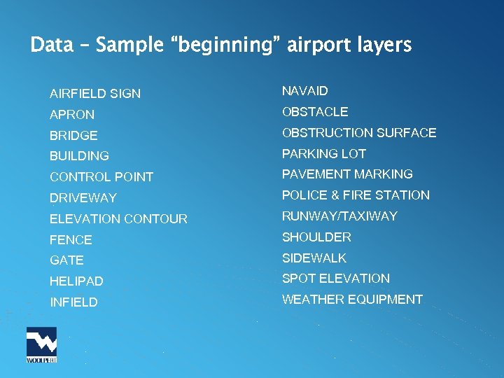 Data – Sample “beginning” airport layers AIRFIELD SIGN NAVAID APRON OBSTACLE BRIDGE OBSTRUCTION SURFACE