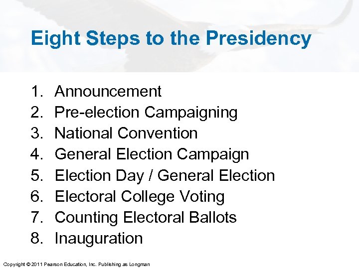 Eight Steps to the Presidency 1. 2. 3. 4. 5. 6. 7. 8. Announcement