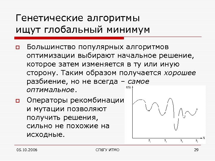 Генетические алгоритмы ищут глобальный минимум o o Большинство популярных алгоритмов оптимизации выбирают начальное решение,