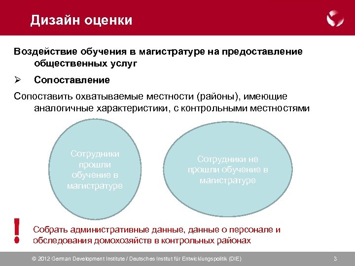 Дизайн оценки Воздействие обучения в магистратуре на предоставление общественных услуг Ø Сопоставление Сопоставить охватываемые