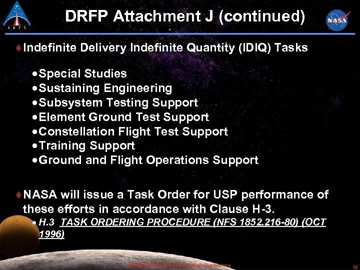 DRFP Attachment J (continued) Indefinite Delivery Indefinite Quantity (IDIQ) Tasks Special Studies Sustaining Engineering