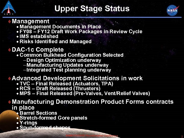 Upper Stage Status Management Documents in Place FY 08 – FY 12 Draft Work