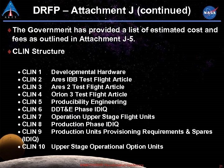 DRFP – Attachment J (continued) The Government has provided a list of estimated cost