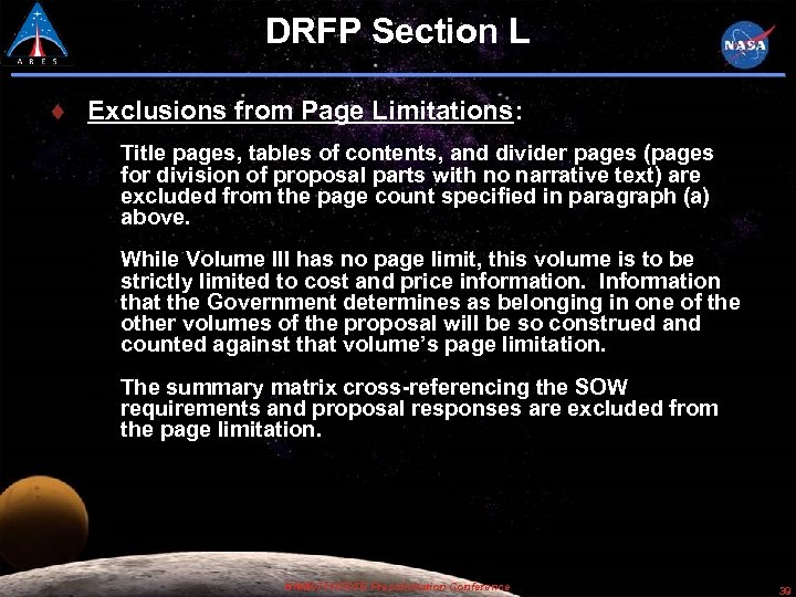 DRFP Section L Exclusions from Page Limitations: 1. Title pages, tables of contents, and