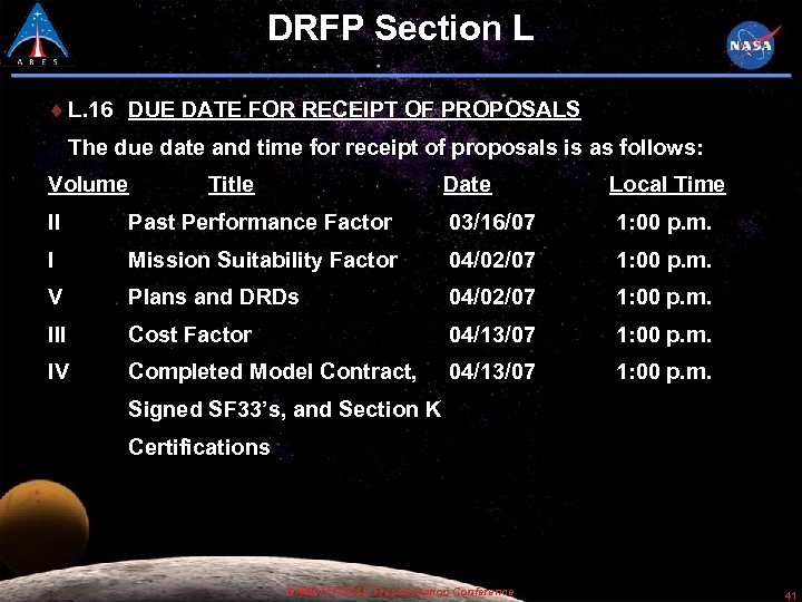 DRFP Section L L. 16 DUE DATE FOR RECEIPT OF PROPOSALS The due date