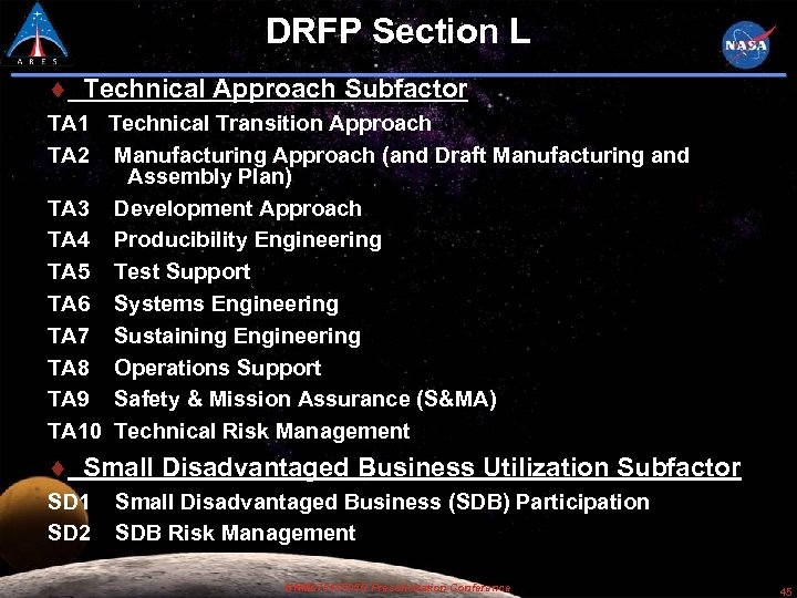 DRFP Section L Technical Approach Subfactor TA 1 Technical Transition Approach TA 2 Manufacturing