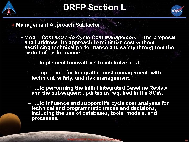 DRFP Section L Management Approach Subfactor MA 3 Cost and Life Cycle Cost Management