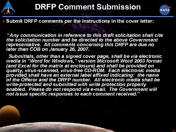 DRFP Comment Submission Submit DRFP comments per the instructions in the cover letter: “Any