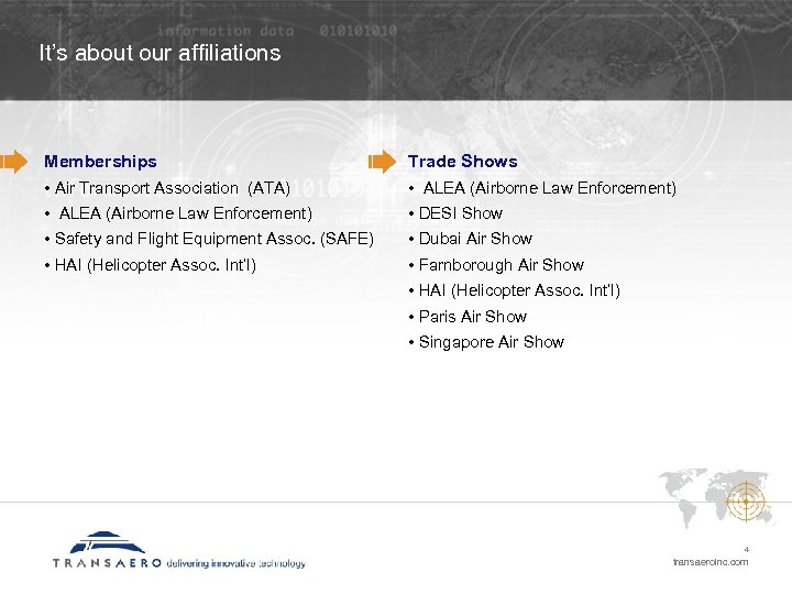 It’s about our affiliations Memberships Trade Shows • Air Transport Association (ATA) • ALEA