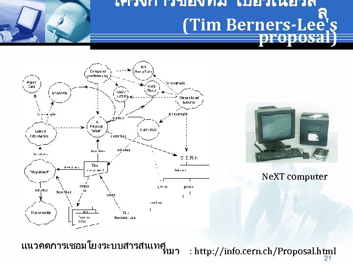 โครงการของทม เบอรเนอรส ล (Tim Berners-Lee's proposal) Ne. XT computer แนวคดการเชอมโยงระบบสารสนเทศ ทมา : http: //info.