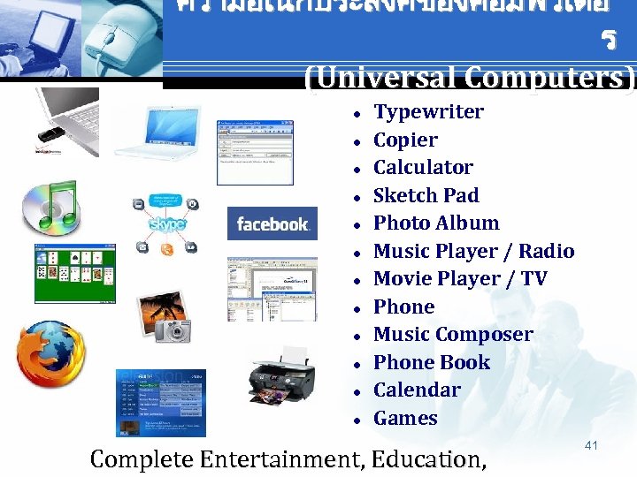 ความอเนกประสงคของคอมพวเตอ ร (Universal Computers) Typewriter Copier Calculator Sketch Pad Photo Album Music Player /
