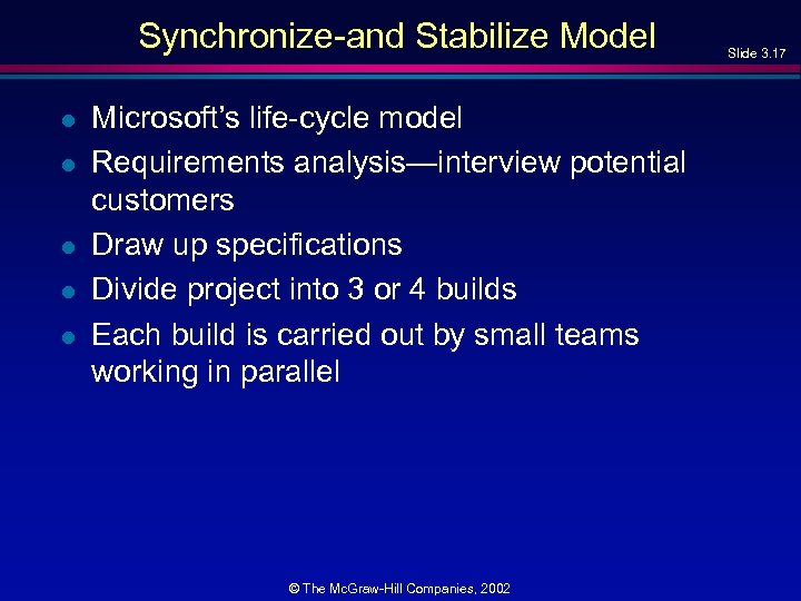 Synchronize-and Stabilize Model l l Microsoft’s life-cycle model Requirements analysis—interview potential customers Draw up