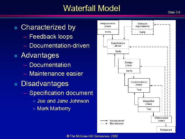 Waterfall Model l Characterized by – Feedback loops – Documentation-driven l Advantages – Documentation