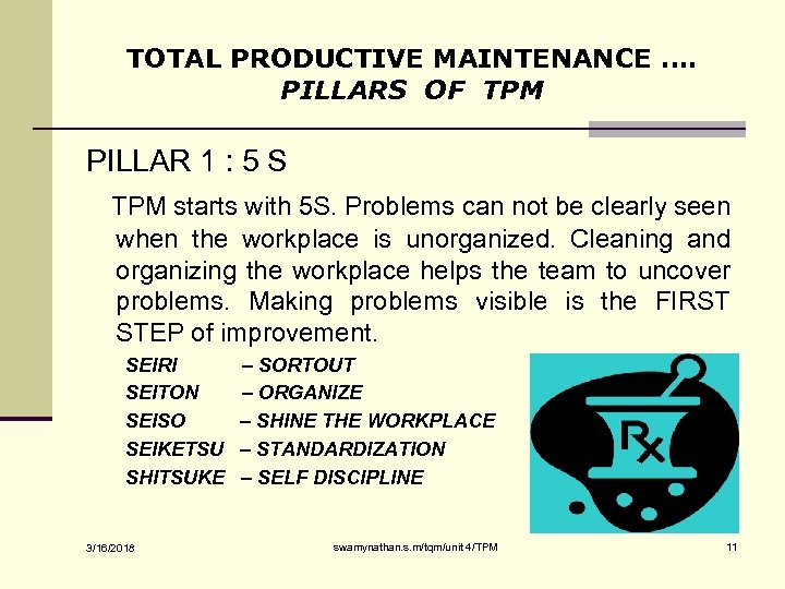 TOTAL PRODUCTIVE MAINTENANCE …. PILLARS OF TPM PILLAR 1 : 5 S TPM starts