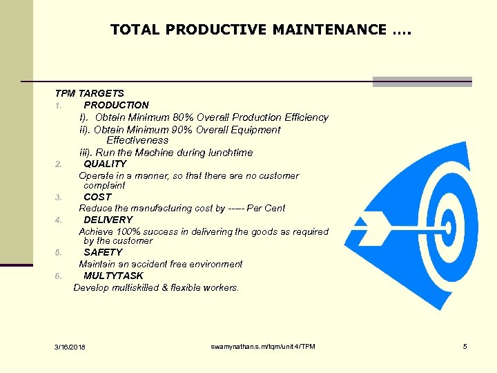 TOTAL PRODUCTIVE MAINTENANCE …. TPM TARGETS 1. PRODUCTION I). Obtain Minimum 80% Overall Production