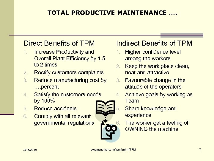 TOTAL PRODUCTIVE MAINTENANCE …. Direct Benefits of TPM 1. 2. 3. 4. 5. 6.