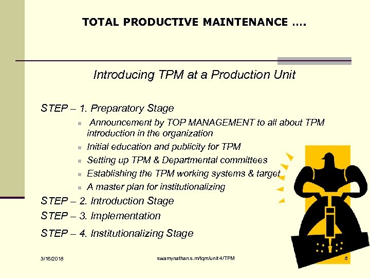 TOTAL PRODUCTIVE MAINTENANCE …. Introducing TPM at a Production Unit STEP – 1. Preparatory