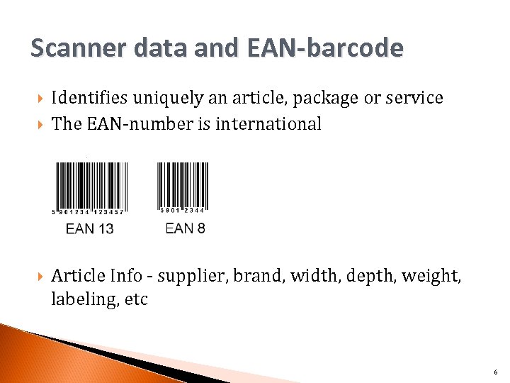 Scanner data and EAN-barcode Identifies uniquely an article, package or service The EAN-number is