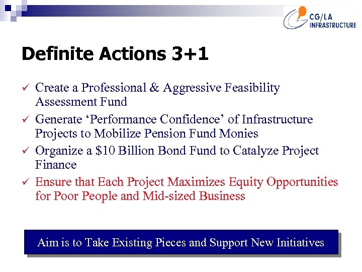 Definite Actions 3+1 ü ü Create a Professional & Aggressive Feasibility Assessment Fund Generate
