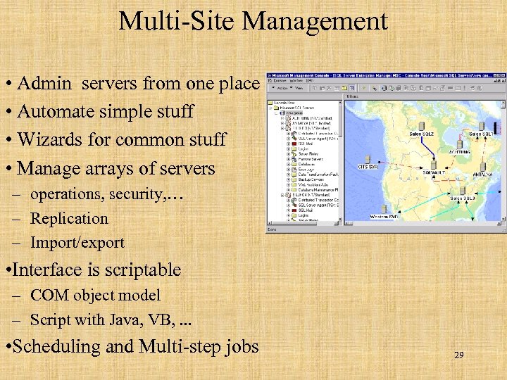 Multi-Site Management • Admin servers from one place • Automate simple stuff • Wizards