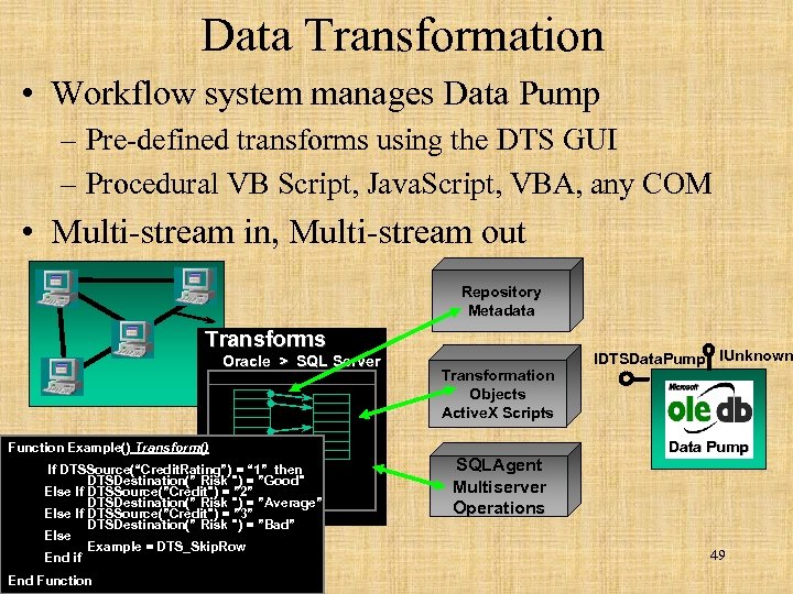 Data Transformation • Workflow system manages Data Pump – Pre-defined transforms using the DTS