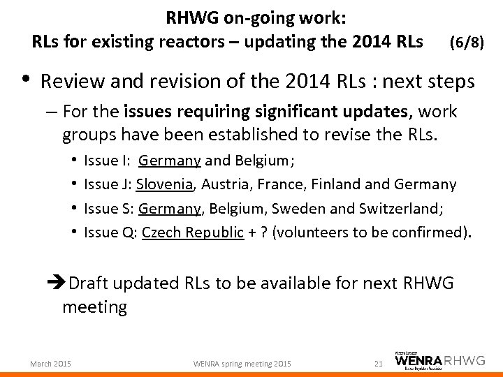 RHWG on-going work: RLs for existing reactors – updating the 2014 RLs (6/8) •