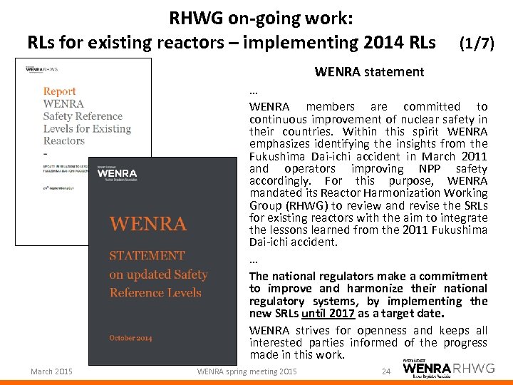 RHWG on-going work: RLs for existing reactors – implementing 2014 RLs (1/7) WENRA statement