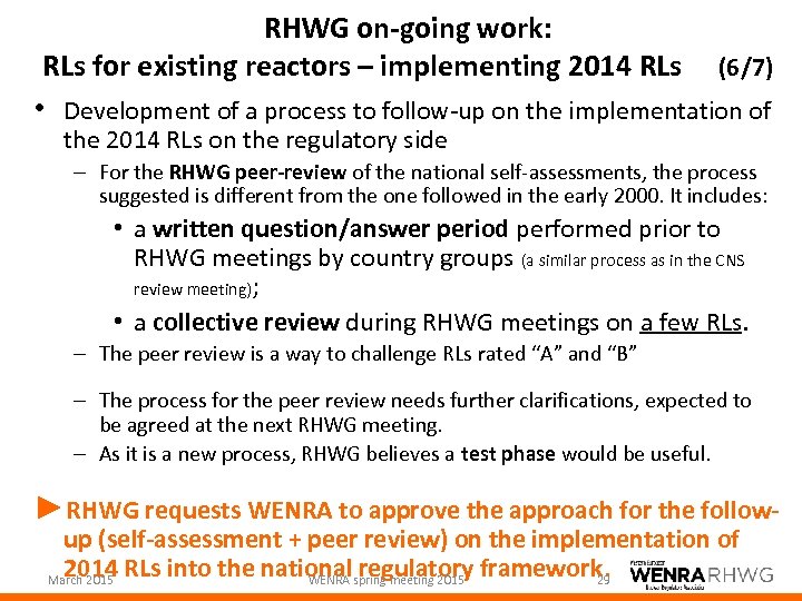 RHWG on-going work: RLs for existing reactors – implementing 2014 RLs (6/7) • Development