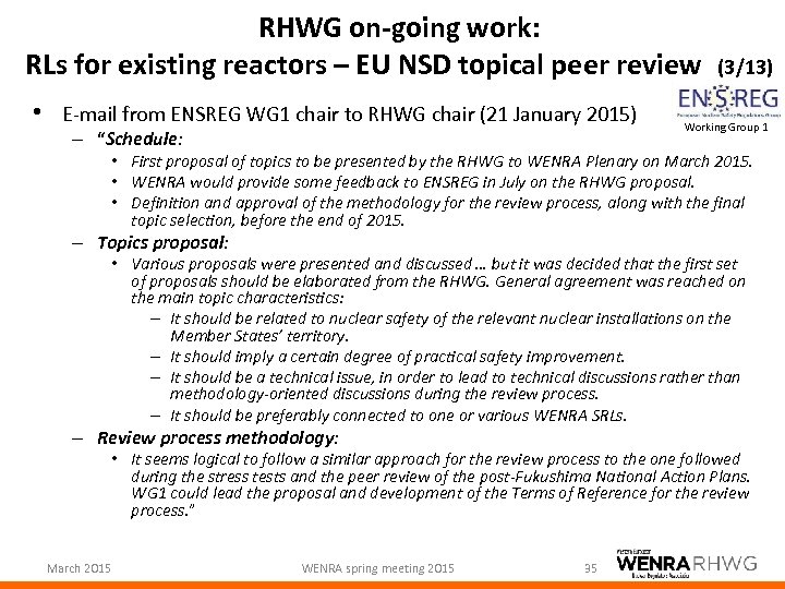 RHWG on-going work: RLs for existing reactors – EU NSD topical peer review •