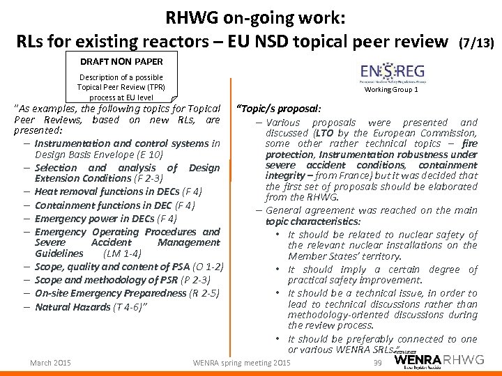 RHWG on-going work: RLs for existing reactors – EU NSD topical peer review (7/13)